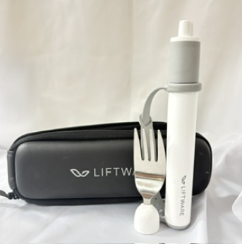 black case with white liftware level device and fork attachment