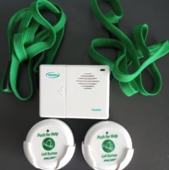 Two white fall alarms with carry straps, and one white rectangular pager
